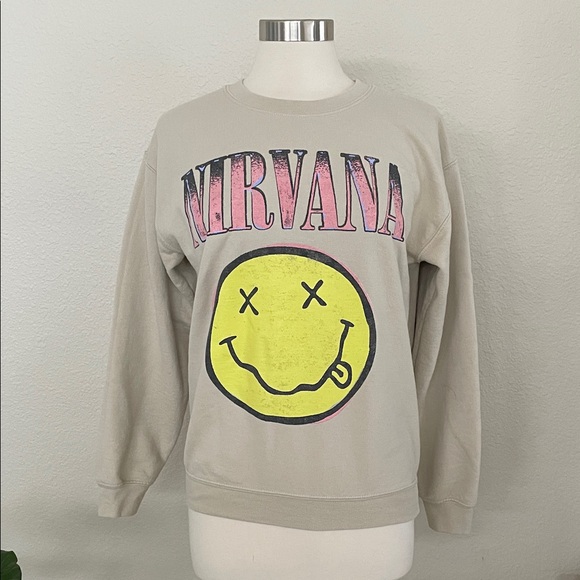 NIRVANA Sweaters - NIRVANA Beige Sweater with Pink and Yellow Graphic